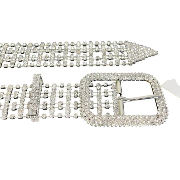 Zara Womens Sz 32 Silver Rhinestone Belt 1.5" Wide Glam Night Out NWT - Picture 4 of 8